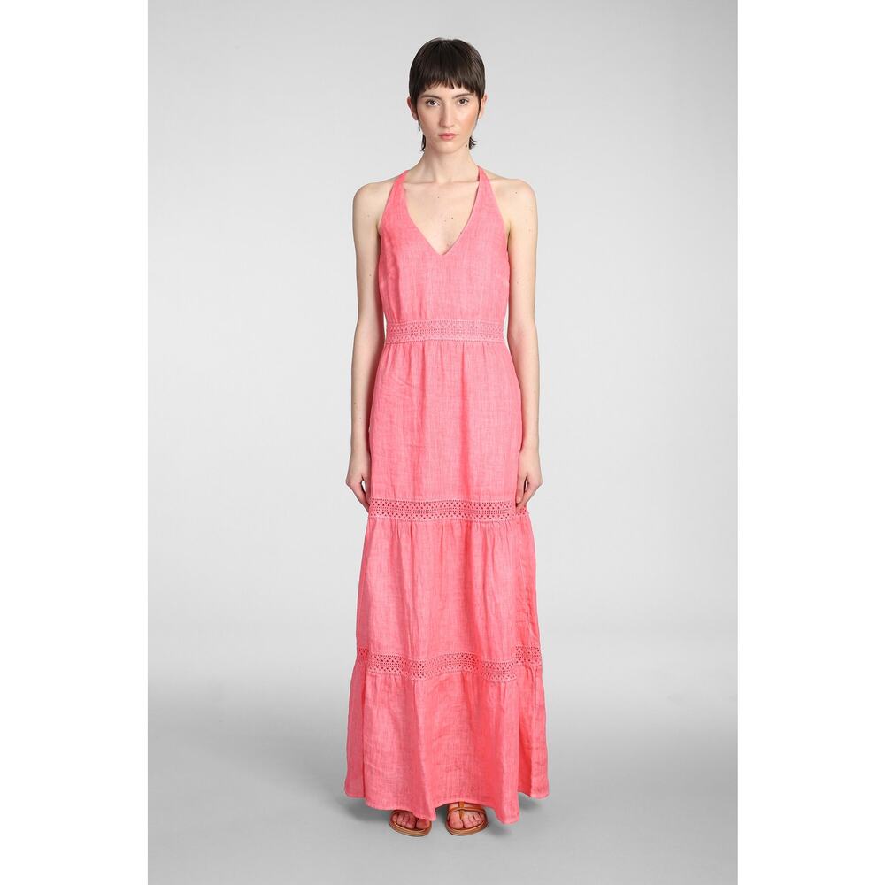 120% Lino Resort Linen Tiered Halter Maxi Dress Crochet Sleeveless, Coral Pink - Picture 2 of 14